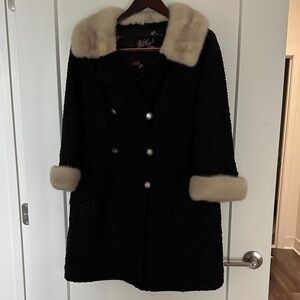 Vintage women’s Black Persian Wool elegant coat with fur trim.